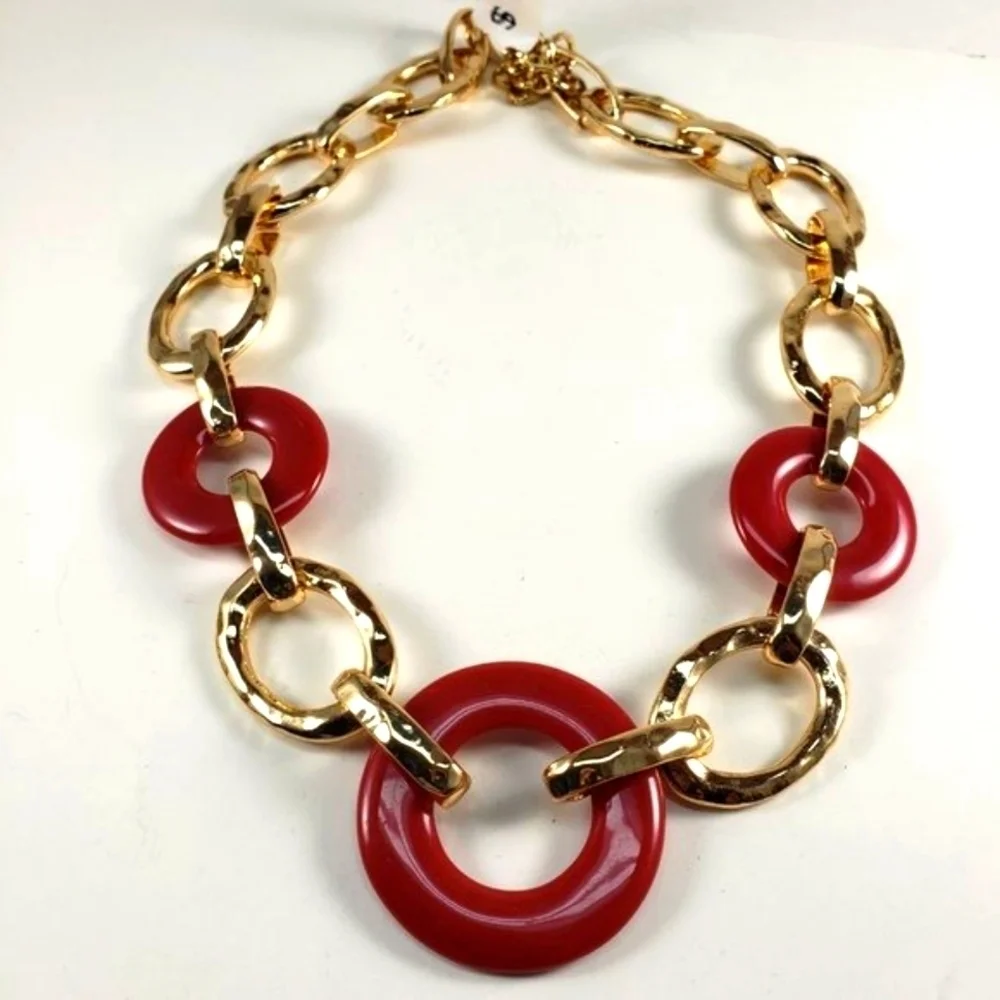 Gold Statement Necklace – Bold Red Burgundy Hoop Design - Women's Jewelry